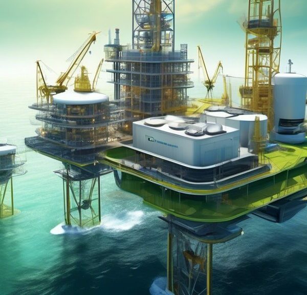 Create an image depicting the futuristic operations of an oil and gas development corporation. Imagine advanced drilling platforms combining renewable energy sources like wind and solar. Showcase autonomous robots and drones conducting maintenance tasks, while a high-tech control center oversees the operations. Include elements of sustainable development such as green landscapes and clean ocean waters surrounding the platforms. The overall atmosphere should exude innovation, technological advancement, and environmental consciousness.