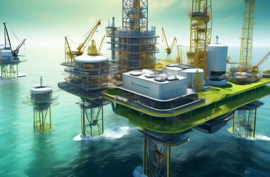 Create an image depicting the futuristic operations of an oil and gas development corporation. Imagine advanced drilling platforms combining renewable energy sources like wind and solar. Showcase autonomous robots and drones conducting maintenance tasks, while a high-tech control center oversees the operations. Include elements of sustainable development such as green landscapes and clean ocean waters surrounding the platforms. The overall atmosphere should exude innovation, technological advancement, and environmental consciousness.