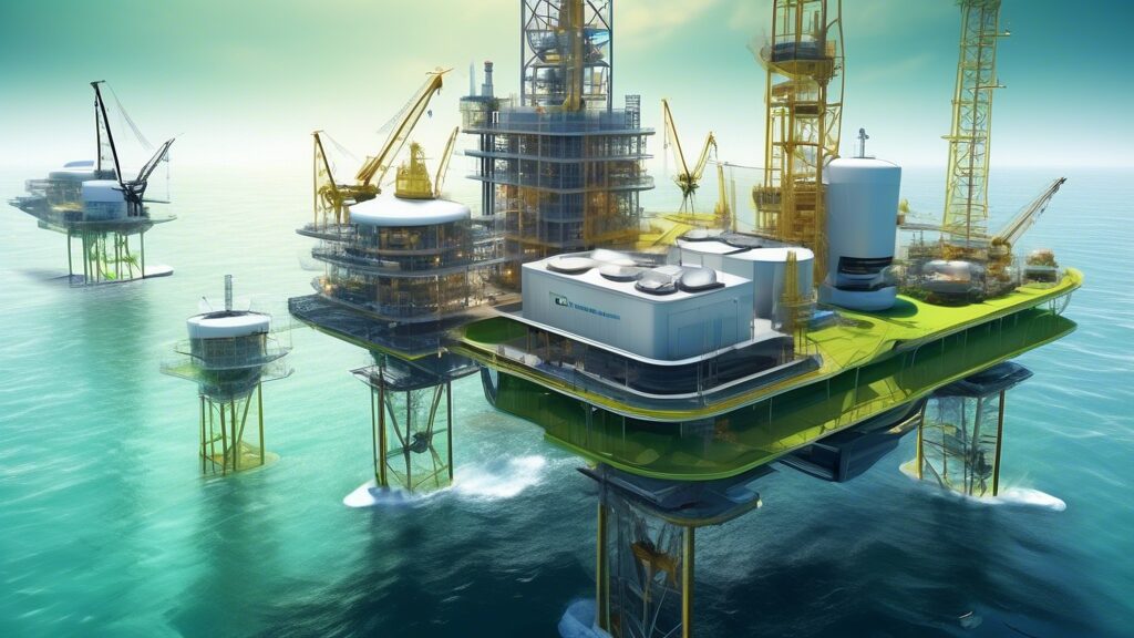 Create an image depicting the futuristic operations of an oil and gas development corporation. Imagine advanced drilling platforms combining renewable energy sources like wind and solar. Showcase autonomous robots and drones conducting maintenance tasks, while a high-tech control center oversees the operations. Include elements of sustainable development such as green landscapes and clean ocean waters surrounding the platforms. The overall atmosphere should exude innovation, technological advancement, and environmental consciousness.