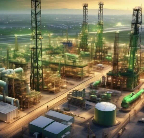 Create an image depicting an expansive oil and gas development site with modern infrastructure and advanced technology. The setting should include drilling rigs, pipelines, and storage tanks, with engineers and technicians in safety gear actively working. In the background, add a city skyline to represent growth and economic potential. Emphasize a clean, efficient, and sustainable environment with green energy elements subtly integrated to showcase an eye towards the future.