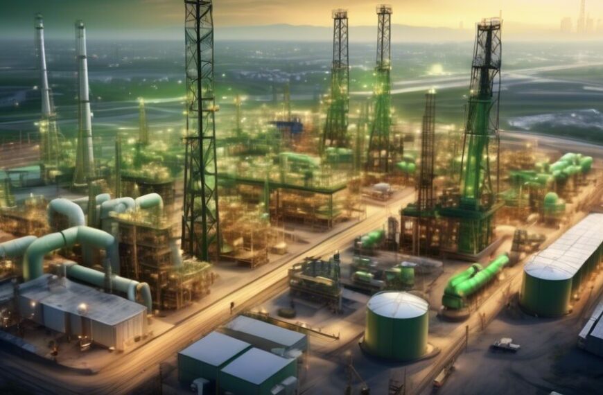 Create an image depicting an expansive oil and gas development site with modern infrastructure and advanced technology. The setting should include drilling rigs, pipelines, and storage tanks, with engineers and technicians in safety gear actively working. In the background, add a city skyline to represent growth and economic potential. Emphasize a clean, efficient, and sustainable environment with green energy elements subtly integrated to showcase an eye towards the future.