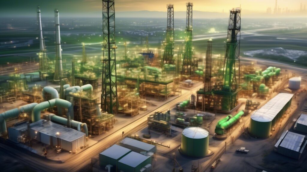 Create an image depicting an expansive oil and gas development site with modern infrastructure and advanced technology. The setting should include drilling rigs, pipelines, and storage tanks, with engineers and technicians in safety gear actively working. In the background, add a city skyline to represent growth and economic potential. Emphasize a clean, efficient, and sustainable environment with green energy elements subtly integrated to showcase an eye towards the future.