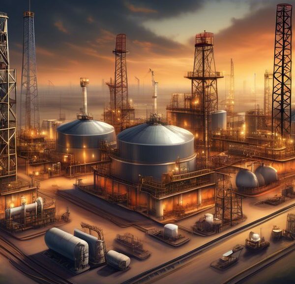 Create an image depicting the thriving operations of an oil and gas company. Show an expansive oil field with drilling rigs and pump jacks at work, surrounded by a modern infrastructure that includes pipelines, storage tanks, and a control center. In the background, depict a corporate building with the Oil & Gas Development Company Ltd logo. Incorporate elements that suggest innovation and growth, such as advanced machinery, clean energy technology, and a graph indicating upward financial performance. The setting should combine elements of both daytime and twilight to highlight continuous 24/7 operations.