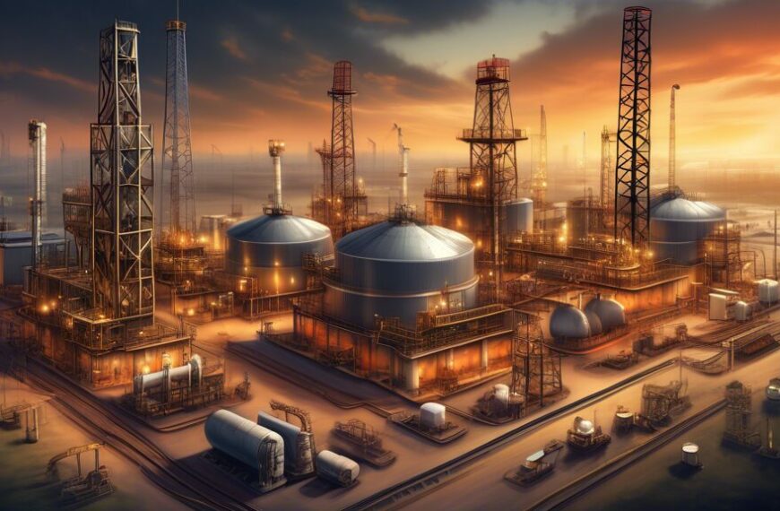 Create an image depicting the thriving operations of an oil and gas company. Show an expansive oil field with drilling rigs and pump jacks at work, surrounded by a modern infrastructure that includes pipelines, storage tanks, and a control center. In the background, depict a corporate building with the Oil & Gas Development Company Ltd logo. Incorporate elements that suggest innovation and growth, such as advanced machinery, clean energy technology, and a graph indicating upward financial performance. The setting should combine elements of both daytime and twilight to highlight continuous 24/7 operations.