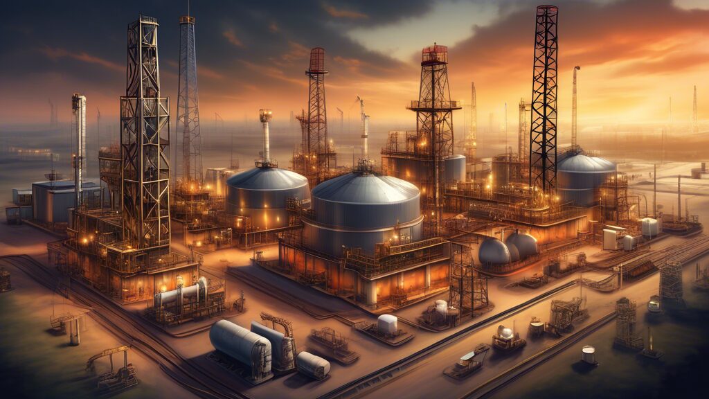 Create an image depicting the thriving operations of an oil and gas company. Show an expansive oil field with drilling rigs and pump jacks at work, surrounded by a modern infrastructure that includes pipelines, storage tanks, and a control center. In the background, depict a corporate building with the Oil & Gas Development Company Ltd logo. Incorporate elements that suggest innovation and growth, such as advanced machinery, clean energy technology, and a graph indicating upward financial performance. The setting should combine elements of both daytime and twilight to highlight continuous 24/7 operations.