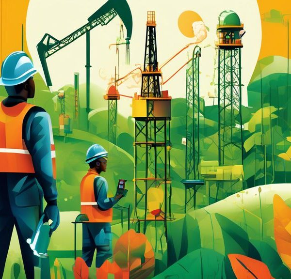 Create an image depicting the dynamic growth of Seplat Oil and Gas, featuring a modern oil rig in operation, with workers in safety gear, surrounded by lush green landscapes to highlight environmental consciousness. Incorporate symbols of growth such as graphs or arrows pointing upwards, and include elements of innovation and technology like high-tech drilling equipment and digital screens.