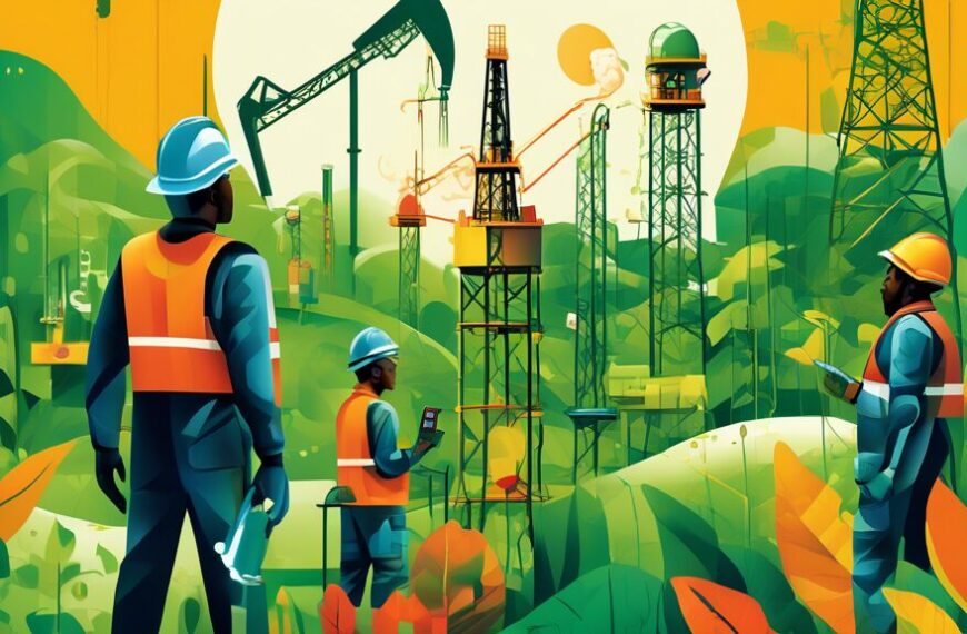 Create an image depicting the dynamic growth of Seplat Oil and Gas, featuring a modern oil rig in operation, with workers in safety gear, surrounded by lush green landscapes to highlight environmental consciousness. Incorporate symbols of growth such as graphs or arrows pointing upwards, and include elements of innovation and technology like high-tech drilling equipment and digital screens.