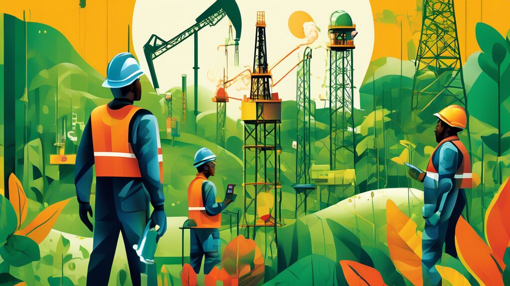 Create an image depicting the dynamic growth of Seplat Oil and Gas, featuring a modern oil rig in operation, with workers in safety gear, surrounded by lush green landscapes to highlight environmental consciousness. Incorporate symbols of growth such as graphs or arrows pointing upwards, and include elements of innovation and technology like high-tech drilling equipment and digital screens.