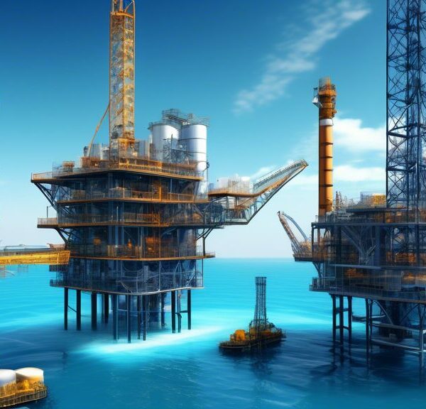 Create an image depicting the thriving operations of an oil and gas development company. Show modern offshore oil rigs with advanced technology at work, surrounded by clear blue waters. Include a well-equipped onshore facility with storage tanks and pipelines. In the background, incorporate a futuristic corporate office building with the company’s logo, symbolizing success and growth. Add elements such as engineers and workers in safety gear, discussing plans, to emphasize teamwork and expertise. The atmosphere should convey innovation, efficiency, and sustainability.