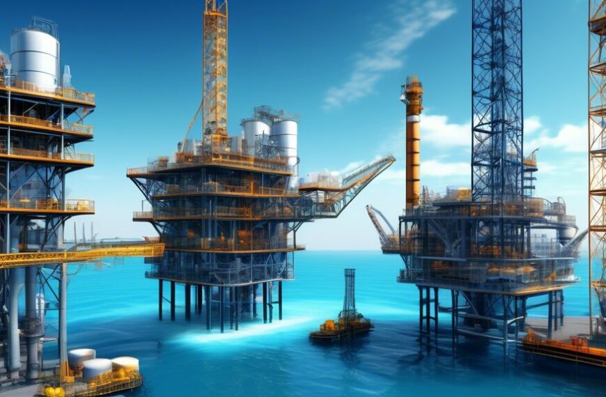 Create an image depicting the thriving operations of an oil and gas development company. Show modern offshore oil rigs with advanced technology at work, surrounded by clear blue waters. Include a well-equipped onshore facility with storage tanks and pipelines. In the background, incorporate a futuristic corporate office building with the company’s logo, symbolizing success and growth. Add elements such as engineers and workers in safety gear, discussing plans, to emphasize teamwork and expertise. The atmosphere should convey innovation, efficiency, and sustainability.