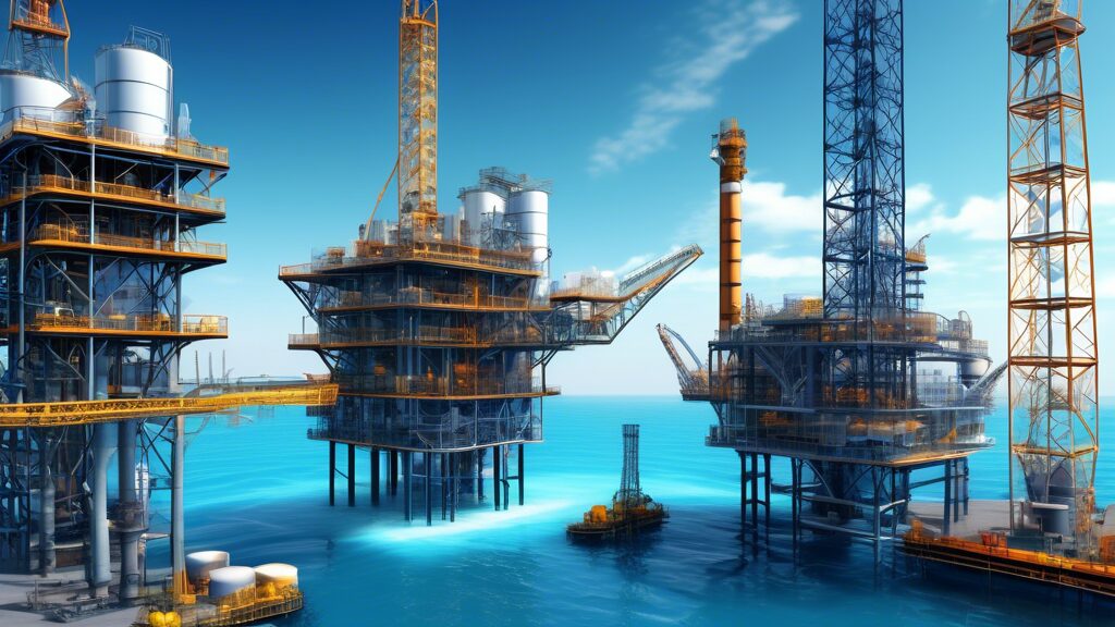 Create an image depicting the thriving operations of an oil and gas development company. Show modern offshore oil rigs with advanced technology at work, surrounded by clear blue waters. Include a well-equipped onshore facility with storage tanks and pipelines. In the background, incorporate a futuristic corporate office building with the company’s logo, symbolizing success and growth. Add elements such as engineers and workers in safety gear, discussing plans, to emphasize teamwork and expertise. The atmosphere should convey innovation, efficiency, and sustainability.