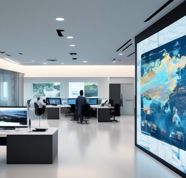 Create an image showcasing a sleek, modern office building with the logo of Oil and Gas Development Company Limited (OGDCL) prominently displayed. The foreground features diverse professionals interacting with digital screens displaying various data analytics, exploration maps, and drilling operations. Additionally, include elements representing the oil and gas industry, such as drilling rigs, pipelines, and geological layers subtly integrated into the background, depicting a blend of technology and traditional energy resources.