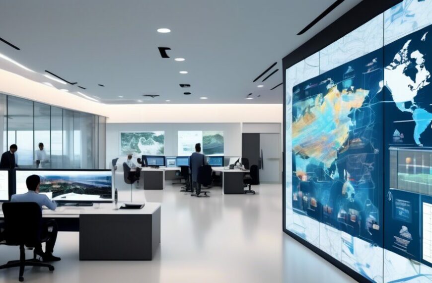 Create an image showcasing a sleek, modern office building with the logo of Oil and Gas Development Company Limited (OGDCL) prominently displayed. The foreground features diverse professionals interacting with digital screens displaying various data analytics, exploration maps, and drilling operations. Additionally, include elements representing the oil and gas industry, such as drilling rigs, pipelines, and geological layers subtly integrated into the background, depicting a blend of technology and traditional energy resources.