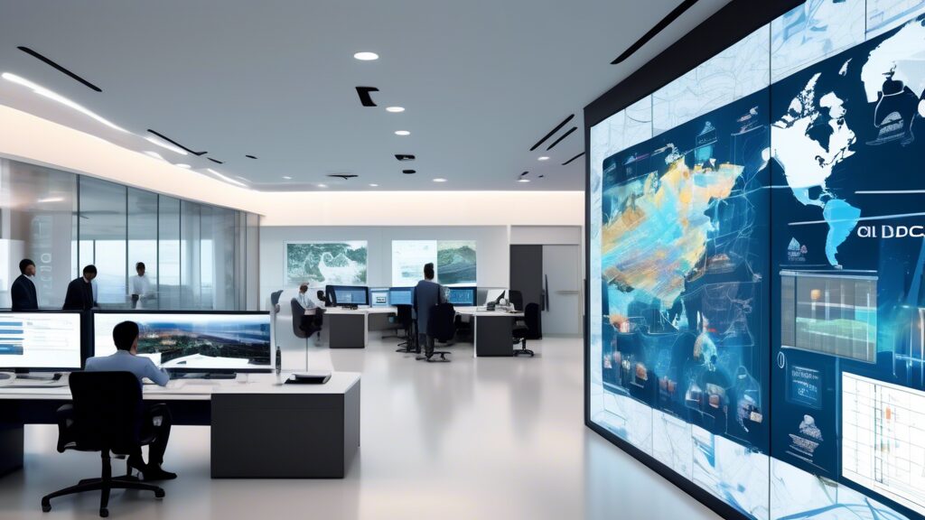 Create an image showcasing a sleek, modern office building with the logo of Oil and Gas Development Company Limited (OGDCL) prominently displayed. The foreground features diverse professionals interacting with digital screens displaying various data analytics, exploration maps, and drilling operations. Additionally, include elements representing the oil and gas industry, such as drilling rigs, pipelines, and geological layers subtly integrated into the background, depicting a blend of technology and traditional energy resources.