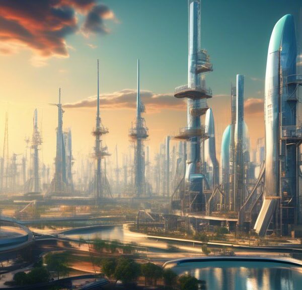 “A futuristic cityscape with towering buildings representing energy corporations. In the foreground, advanced oil drills and gas extraction infrastructure seamlessly integrate with renewable energy technologies like wind turbines and solar panels. High-tech automated systems and robots manage the operations, emphasizing innovation and sustainability. The overall atmosphere is vibrant and optimistic, highlighting the progressive growth and future prospects of Oil and Gas Development Co Ltd in a technologically advanced and eco-friendly environment.”