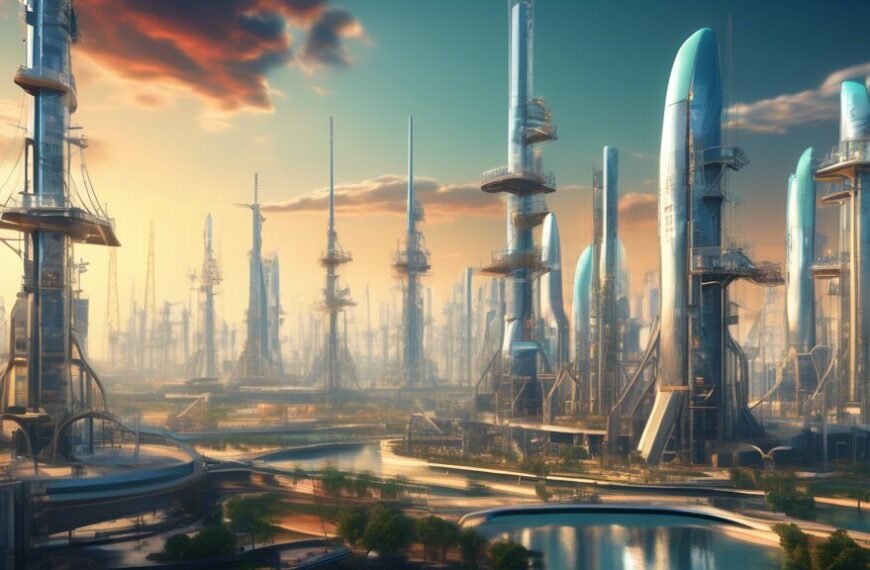 “A futuristic cityscape with towering buildings representing energy corporations. In the foreground, advanced oil drills and gas extraction infrastructure seamlessly integrate with renewable energy technologies like wind turbines and solar panels. High-tech automated systems and robots manage the operations, emphasizing innovation and sustainability. The overall atmosphere is vibrant and optimistic, highlighting the progressive growth and future prospects of Oil and Gas Development Co Ltd in a technologically advanced and eco-friendly environment.”