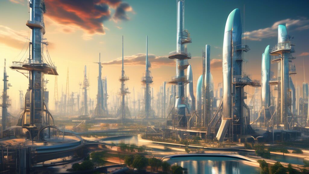 “A futuristic cityscape with towering buildings representing energy corporations. In the foreground, advanced oil drills and gas extraction infrastructure seamlessly integrate with renewable energy technologies like wind turbines and solar panels. High-tech automated systems and robots manage the operations, emphasizing innovation and sustainability. The overall atmosphere is vibrant and optimistic, highlighting the progressive growth and future prospects of Oil and Gas Development Co Ltd in a technologically advanced and eco-friendly environment.”