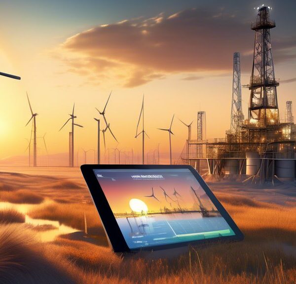 Create an image depicting the future prospects of Peyto Oil and Gas in the energy market. Show a modern oil rig in a serene, vast landscape as the sun rises, symbolizing new beginnings. In the background, incorporate futuristic elements like wind turbines and solar panels to represent diversification into renewable energy. Include business professionals analyzing data on tablets and discussing strategies, with an upward graph floating holographically to symbolize growth and potential.