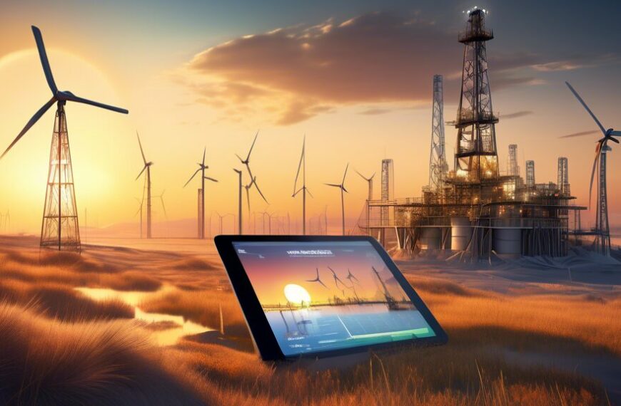 Create an image depicting the future prospects of Peyto Oil and Gas in the energy market. Show a modern oil rig in a serene, vast landscape as the sun rises, symbolizing new beginnings. In the background, incorporate futuristic elements like wind turbines and solar panels to represent diversification into renewable energy. Include business professionals analyzing data on tablets and discussing strategies, with an upward graph floating holographically to symbolize growth and potential.