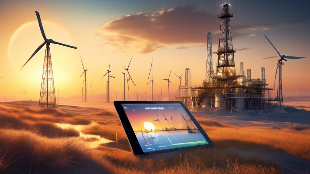 Create an image depicting the future prospects of Peyto Oil and Gas in the energy market. Show a modern oil rig in a serene, vast landscape as the sun rises, symbolizing new beginnings. In the background, incorporate futuristic elements like wind turbines and solar panels to represent diversification into renewable energy. Include business professionals analyzing data on tablets and discussing strategies, with an upward graph floating holographically to symbolize growth and potential.