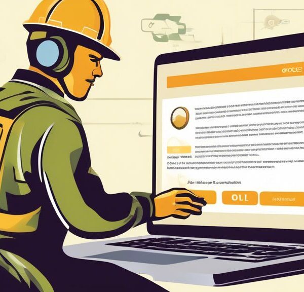 Create a digital illustration of a person using a laptop to access the www.ogdcl.com website. On the laptop screen, display the application form page. The background should include subtle elements representing the Oil and Gas Development Company Limited (OGDCL), such as an oil rig and office environment. Include icons or symbols that suggest step-by-step guidance or navigation.