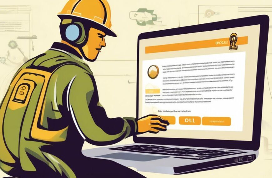 Create a digital illustration of a person using a laptop to access the www.ogdcl.com website. On the laptop screen, display the application form page. The background should include subtle elements representing the Oil and Gas Development Company Limited (OGDCL), such as an oil rig and office environment. Include icons or symbols that suggest step-by-step guidance or navigation.