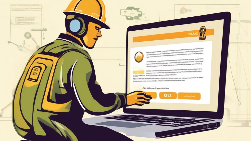 Create a digital illustration of a person using a laptop to access the www.ogdcl.com website. On the laptop screen, display the application form page. The background should include subtle elements representing the Oil and Gas Development Company Limited (OGDCL), such as an oil rig and office environment. Include icons or symbols that suggest step-by-step guidance or navigation.