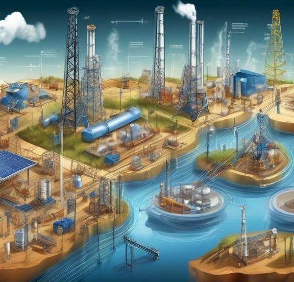 Create an intricate digital illustration showcasing various innovations in unconventional oil and gas development. Visual elements should include advanced drilling rigs, hydraulic fracturing technology, and sophisticated seismic imaging equipment. Depict engineers and scientists analyzing data on digital tablets and computers, while highlighting eco-friendly practices like water recycling and reduced emissions technology. In the background, integrate a modern landscape where clean energy solutions, such as wind turbines and solar panels, coexist with oil and gas operations. Emphasize a balance between technological advancement and environmental sustainability.