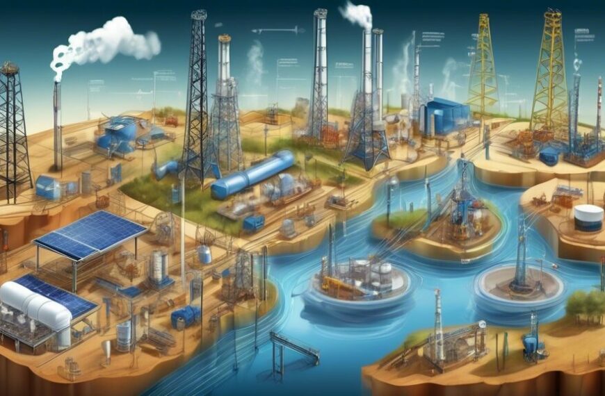 Create an intricate digital illustration showcasing various innovations in unconventional oil and gas development. Visual elements should include advanced drilling rigs, hydraulic fracturing technology, and sophisticated seismic imaging equipment. Depict engineers and scientists analyzing data on digital tablets and computers, while highlighting eco-friendly practices like water recycling and reduced emissions technology. In the background, integrate a modern landscape where clean energy solutions, such as wind turbines and solar panels, coexist with oil and gas operations. Emphasize a balance between technological advancement and environmental sustainability.