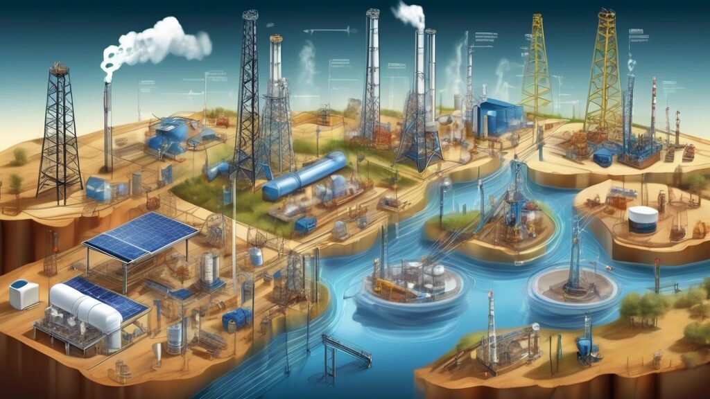 Create an intricate digital illustration showcasing various innovations in unconventional oil and gas development. Visual elements should include advanced drilling rigs, hydraulic fracturing technology, and sophisticated seismic imaging equipment. Depict engineers and scientists analyzing data on digital tablets and computers, while highlighting eco-friendly practices like water recycling and reduced emissions technology. In the background, integrate a modern landscape where clean energy solutions, such as wind turbines and solar panels, coexist with oil and gas operations. Emphasize a balance between technological advancement and environmental sustainability.