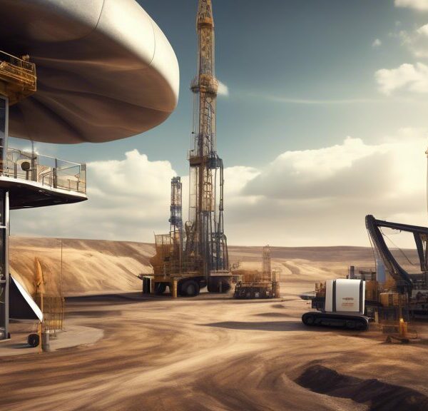 Create an image of a high-tech drilling site that showcases advanced machinery and innovative technologies for extracting unconventional oil and gas. The scene should include specialized equipment, drones surveying the area, engineers in futuristic protective gear analyzing data on tablets, and a sleek control center with digital monitors displaying real-time information. The background should feature a mix of shale formations, tight oil reservoirs, and a modern, eco-friendly landscape with minimal environmental disruption.