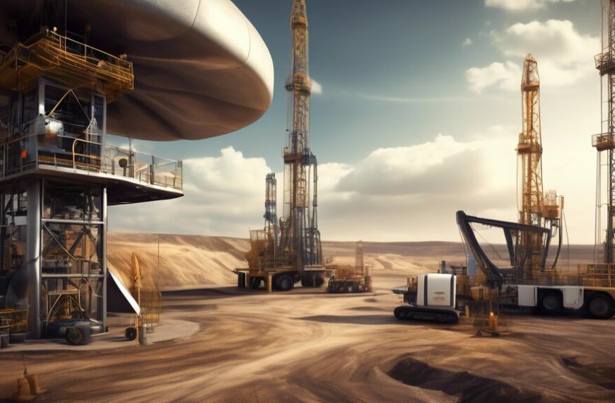 Create an image of a high-tech drilling site that showcases advanced machinery and innovative technologies for extracting unconventional oil and gas. The scene should include specialized equipment, drones surveying the area, engineers in futuristic protective gear analyzing data on tablets, and a sleek control center with digital monitors displaying real-time information. The background should feature a mix of shale formations, tight oil reservoirs, and a modern, eco-friendly landscape with minimal environmental disruption.