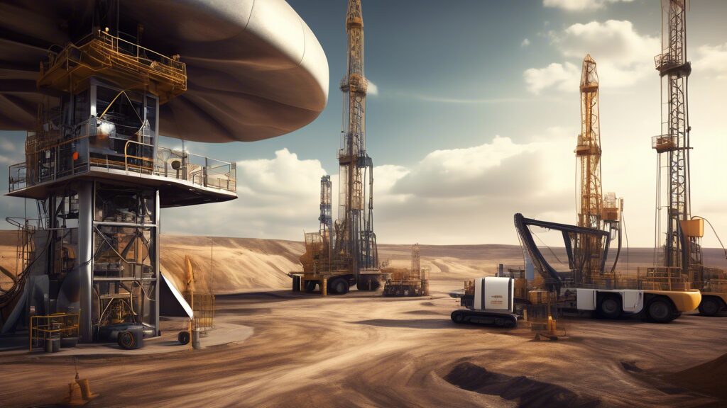 Create an image of a high-tech drilling site that showcases advanced machinery and innovative technologies for extracting unconventional oil and gas. The scene should include specialized equipment, drones surveying the area, engineers in futuristic protective gear analyzing data on tablets, and a sleek control center with digital monitors displaying real-time information. The background should feature a mix of shale formations, tight oil reservoirs, and a modern, eco-friendly landscape with minimal environmental disruption.