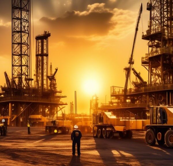 Create an image of a bustling oil field showing advanced technology and diverse engineering teams collaborating. Deep drilling rigs are in action, surrounded by support vehicles, safety equipment, and high-precision monitoring tools. The background features geological survey teams with maps and sensors, and the setting sun casts a golden light, highlighting the coordination and modern infrastructure essential for successful oil field development.