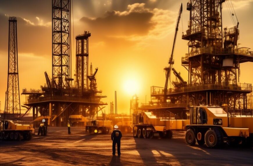 Create an image of a bustling oil field showing advanced technology and diverse engineering teams collaborating. Deep drilling rigs are in action, surrounded by support vehicles, safety equipment, and high-precision monitoring tools. The background features geological survey teams with maps and sensors, and the setting sun casts a golden light, highlighting the coordination and modern infrastructure essential for successful oil field development.