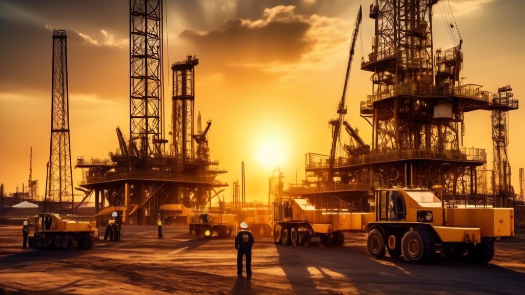 Create an image of a bustling oil field showing advanced technology and diverse engineering teams collaborating. Deep drilling rigs are in action, surrounded by support vehicles, safety equipment, and high-precision monitoring tools. The background features geological survey teams with maps and sensors, and the setting sun casts a golden light, highlighting the coordination and modern infrastructure essential for successful oil field development.