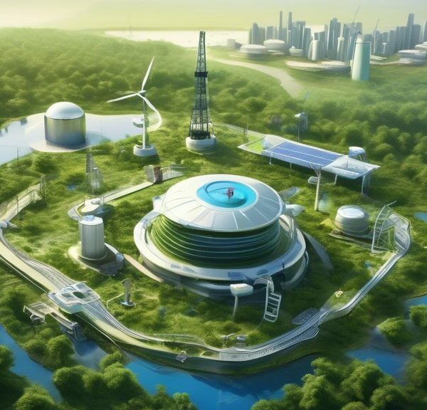 Create an image depicting Seplat Oil Company as a modern pioneer in energy solutions. The scene should include a cutting-edge oil rig with the company's logo, surrounded by lush greenery and advanced technology like drones and solar panels. In the background, there should be a futuristic city skyline powered by various renewable energy sources, symbolizing a balance between traditional and innovative energy solutions.