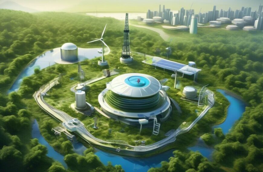 Create an image depicting Seplat Oil Company as a modern pioneer in energy solutions. The scene should include a cutting-edge oil rig with the company's logo, surrounded by lush greenery and advanced technology like drones and solar panels. In the background, there should be a futuristic city skyline powered by various renewable energy sources, symbolizing a balance between traditional and innovative energy solutions.