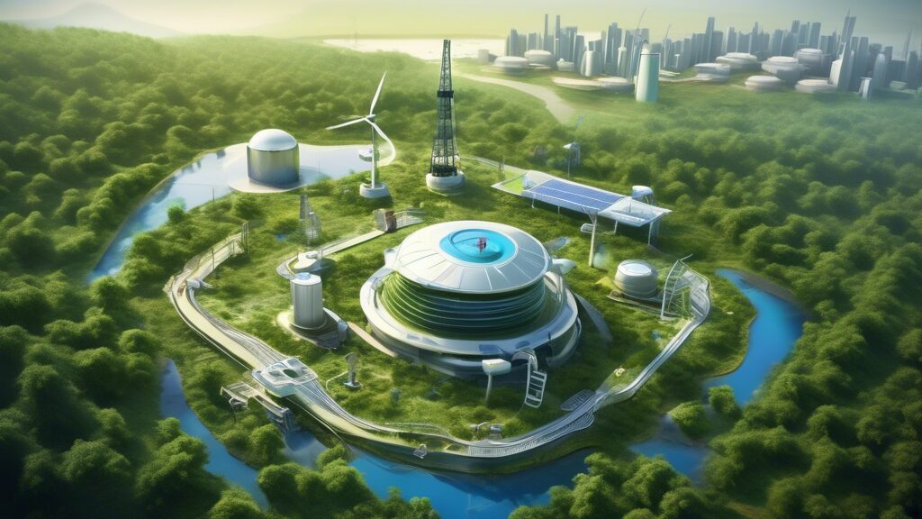 Create an image depicting Seplat Oil Company as a modern pioneer in energy solutions. The scene should include a cutting-edge oil rig with the company's logo, surrounded by lush greenery and advanced technology like drones and solar panels. In the background, there should be a futuristic city skyline powered by various renewable energy sources, symbolizing a balance between traditional and innovative energy solutions.