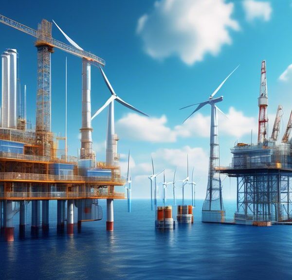 Create an image depicting the future goals of an oil and gas company, blending traditional energy sources with renewable energy initiatives. Show a modern oil rig alongside a sprawling solar farm and offshore wind turbines under a bright blue sky. Include elements of technology and innovation, such as digital screens displaying data and futuristic-looking control rooms. The scene should convey a sense of progression, responsibility, and commitment to sustainable energy practices.