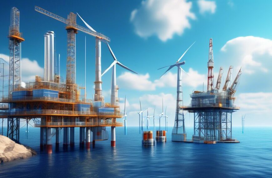 Create an image depicting the future goals of an oil and gas company, blending traditional energy sources with renewable energy initiatives. Show a modern oil rig alongside a sprawling solar farm and offshore wind turbines under a bright blue sky. Include elements of technology and innovation, such as digital screens displaying data and futuristic-looking control rooms. The scene should convey a sense of progression, responsibility, and commitment to sustainable energy practices.