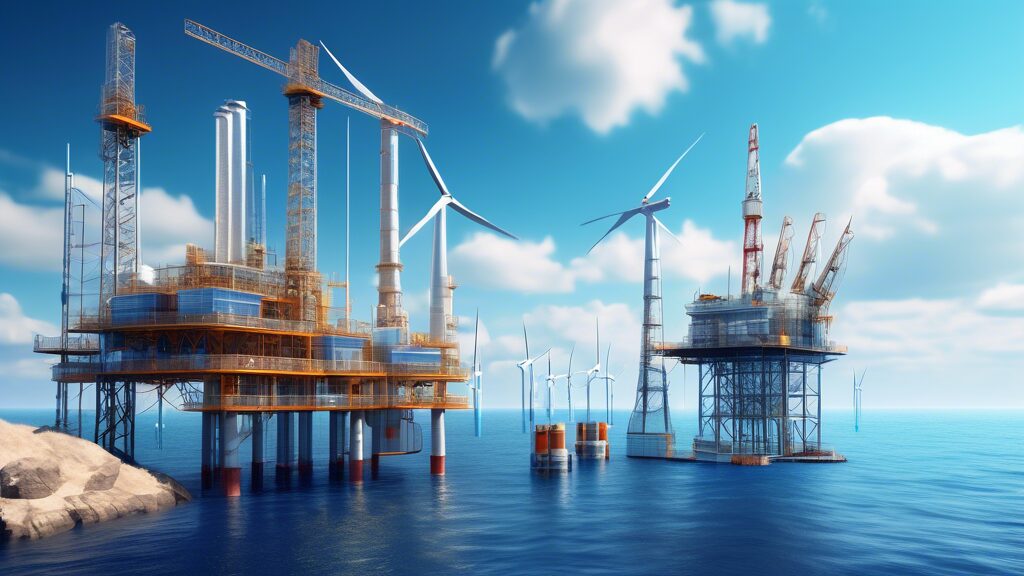 Create an image depicting the future goals of an oil and gas company, blending traditional energy sources with renewable energy initiatives. Show a modern oil rig alongside a sprawling solar farm and offshore wind turbines under a bright blue sky. Include elements of technology and innovation, such as digital screens displaying data and futuristic-looking control rooms. The scene should convey a sense of progression, responsibility, and commitment to sustainable energy practices.