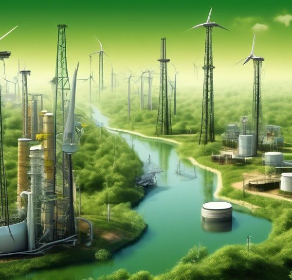 Create an image depicting a harmonious blend of the oil and gas industry with sustainable development. Show modern oil rigs and gas pipelines integrated into a lush, green landscape with renewable energy sources like wind turbines and solar panels nearby. Include elements of environmental protection, such as wildlife thriving and clean waterways, to emphasize the idea of eco-friendly practices within the industry.