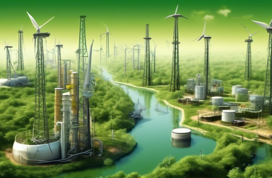 Create an image depicting a harmonious blend of the oil and gas industry with sustainable development. Show modern oil rigs and gas pipelines integrated into a lush, green landscape with renewable energy sources like wind turbines and solar panels nearby. Include elements of environmental protection, such as wildlife thriving and clean waterways, to emphasize the idea of eco-friendly practices within the industry.