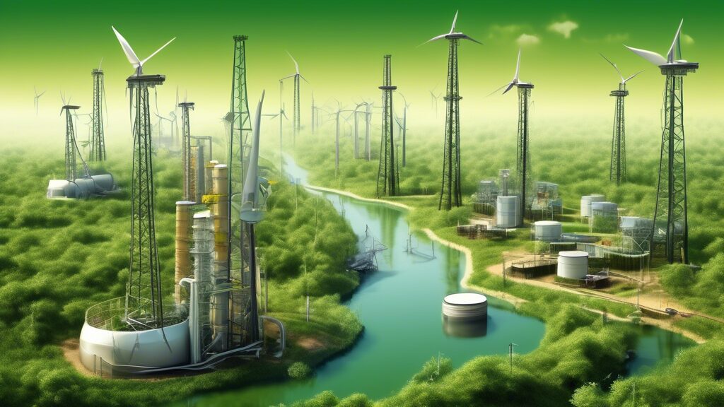 Create an image depicting a harmonious blend of the oil and gas industry with sustainable development. Show modern oil rigs and gas pipelines integrated into a lush, green landscape with renewable energy sources like wind turbines and solar panels nearby. Include elements of environmental protection, such as wildlife thriving and clean waterways, to emphasize the idea of eco-friendly practices within the industry.