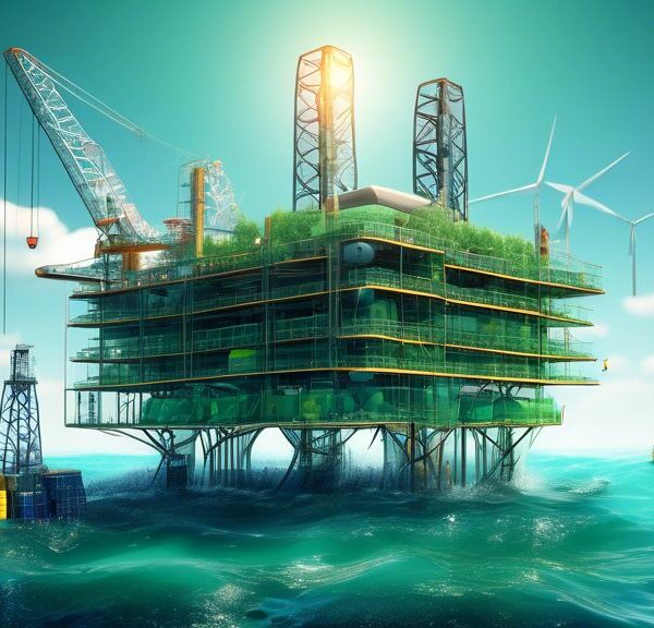 Create an image that depicts the concept of sustainable development in the oil and gas industry. Illustrate a modern oil rig in an ocean setting with advanced technology that minimizes environmental impact. Include elements of green energy integration, such as solar panels and wind turbines, alongside the rig. Show marine life thriving in the clear waters nearby and the sky filled with clean air, emphasizing a harmonious coexistence. Add labels or infographics that highlight eco-friendly practices and innovations in the industry.