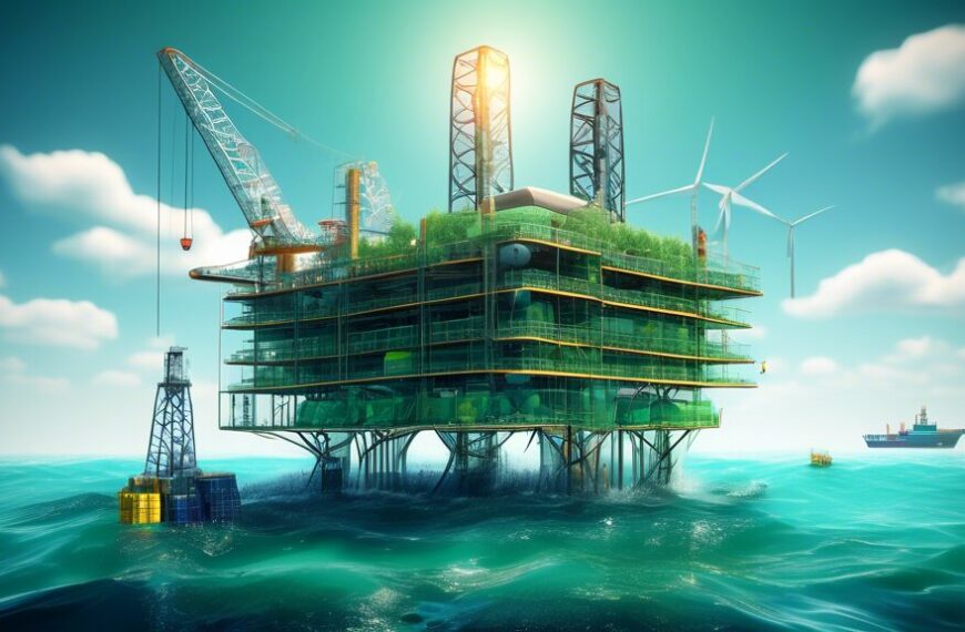 Create an image that depicts the concept of sustainable development in the oil and gas industry. Illustrate a modern oil rig in an ocean setting with advanced technology that minimizes environmental impact. Include elements of green energy integration, such as solar panels and wind turbines, alongside the rig. Show marine life thriving in the clear waters nearby and the sky filled with clean air, emphasizing a harmonious coexistence. Add labels or infographics that highlight eco-friendly practices and innovations in the industry.