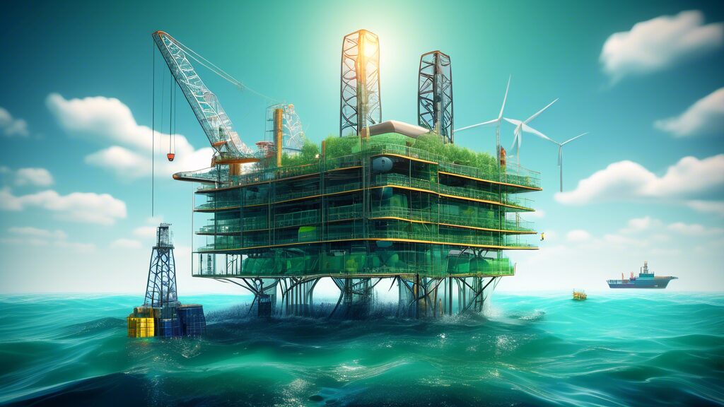 Create an image that depicts the concept of sustainable development in the oil and gas industry. Illustrate a modern oil rig in an ocean setting with advanced technology that minimizes environmental impact. Include elements of green energy integration, such as solar panels and wind turbines, alongside the rig. Show marine life thriving in the clear waters nearby and the sky filled with clean air, emphasizing a harmonious coexistence. Add labels or infographics that highlight eco-friendly practices and innovations in the industry.