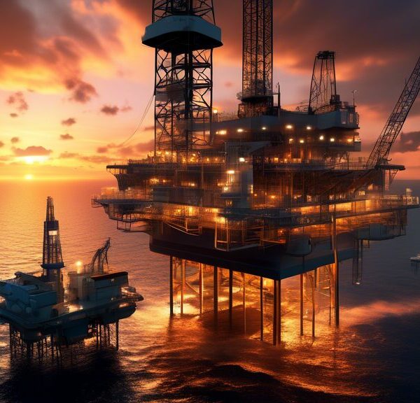 A futuristic scene of oil exploration: advanced drilling platforms equipped with cutting-edge technology floating in a vast ocean under a dramatic sunset, with drones and robotic machinery in operation. In the background, a high-tech control center aboard an eco-friendly ship monitors the activities, highlighting sustainability efforts. The atmosphere should convey a balance between industrial capability and environmental responsibility.