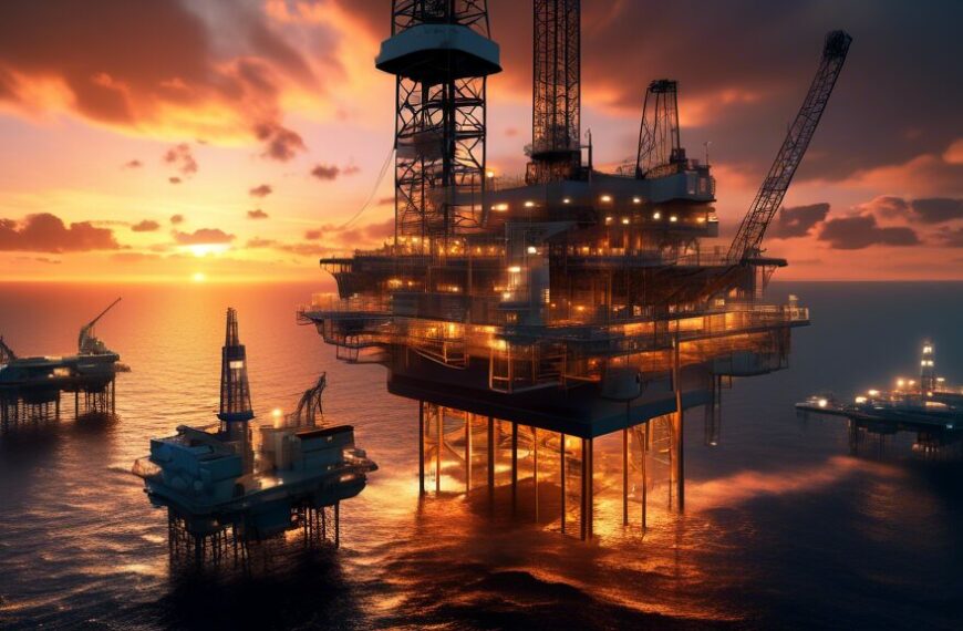 A futuristic scene of oil exploration: advanced drilling platforms equipped with cutting-edge technology floating in a vast ocean under a dramatic sunset, with drones and robotic machinery in operation. In the background, a high-tech control center aboard an eco-friendly ship monitors the activities, highlighting sustainability efforts. The atmosphere should convey a balance between industrial capability and environmental responsibility.